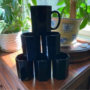 Set of 6 Vintage French Arcoroc Octime Black Blown Glass Coffee Mugs